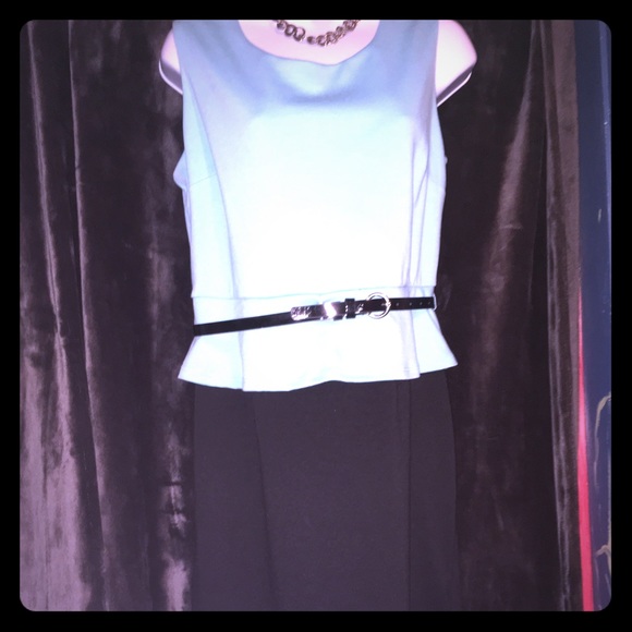 Two tone dress w slim belt.  Blue and black - Picture 1 of 3